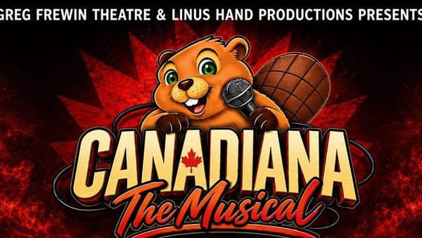 Canadiana The Musical title artwork, a beaver holding a microphone against a red maple leaf