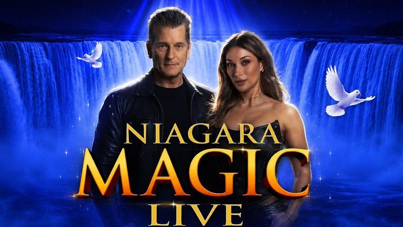 Niagara Magic Live artwork showing Greg Frewin and Alexandra in front of the floodlit Horseshoe Falls
