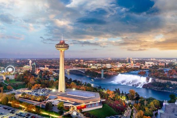 Niagara River, Rainbow Bridge and the Ontario skyline from a helicopter