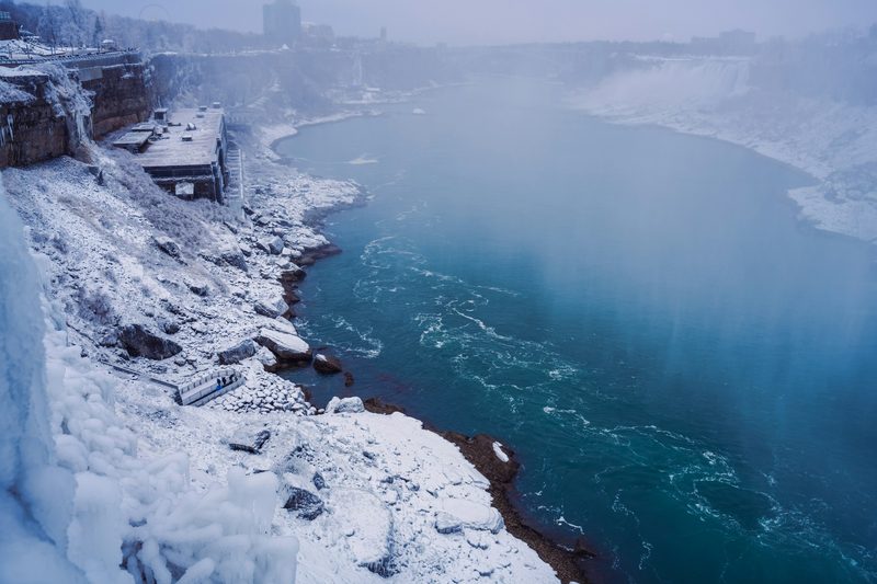 The Niagara gorge frozen in winter with ice banked along both shores
