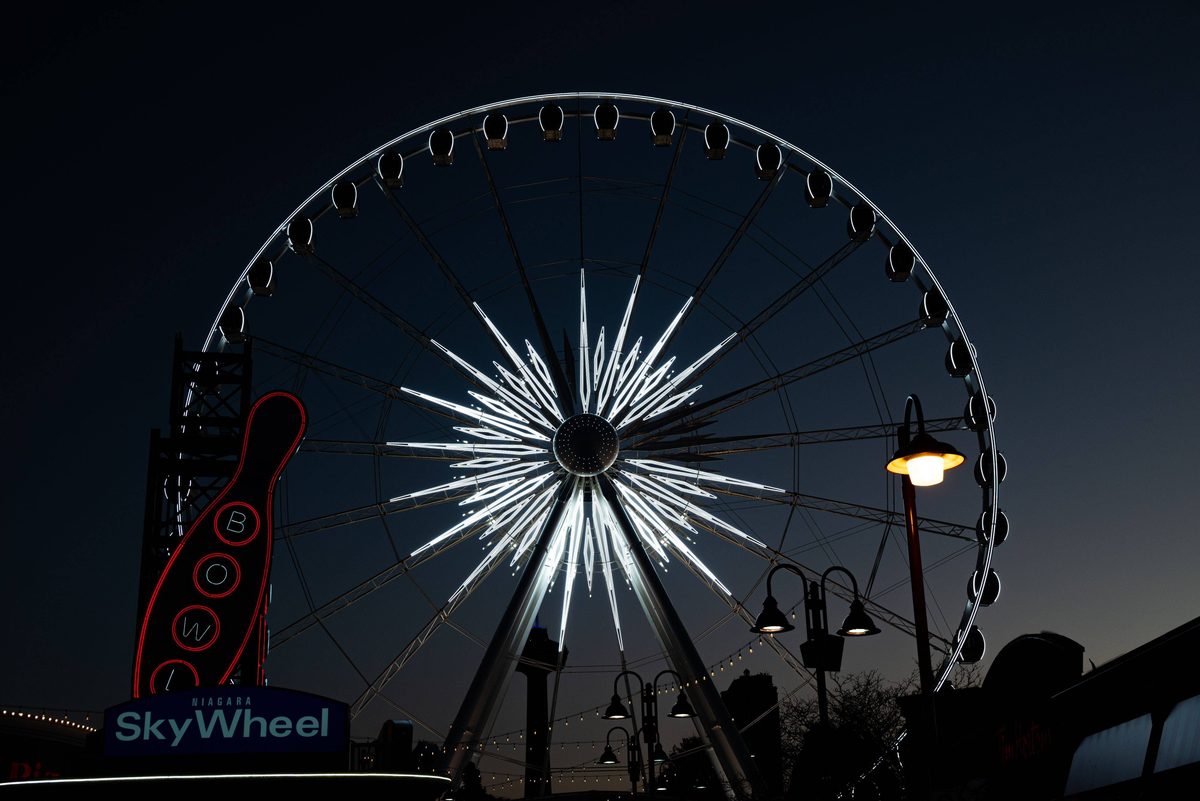 The Niagara SkyWheel lit up above Clifton Hill after dark