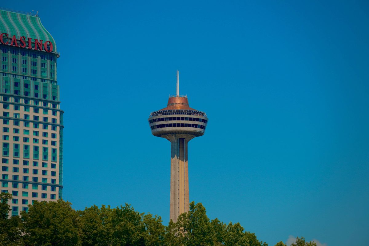 The Skylon Tower against a clear sky in Niagara Falls, Ontario