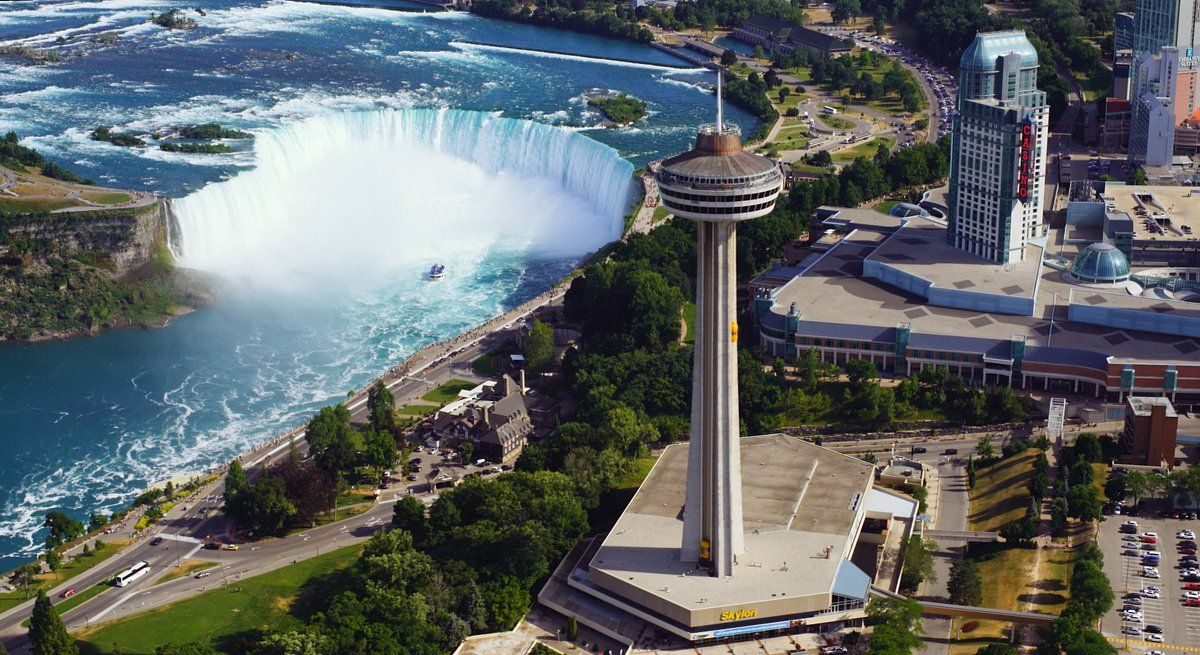 The Skylon Tower rising above Niagara Falls, Ontario