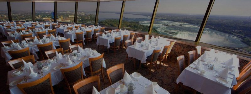 The Summit Suite buffet dining room at the Skylon Tower, tables laid beside the windows over the falls